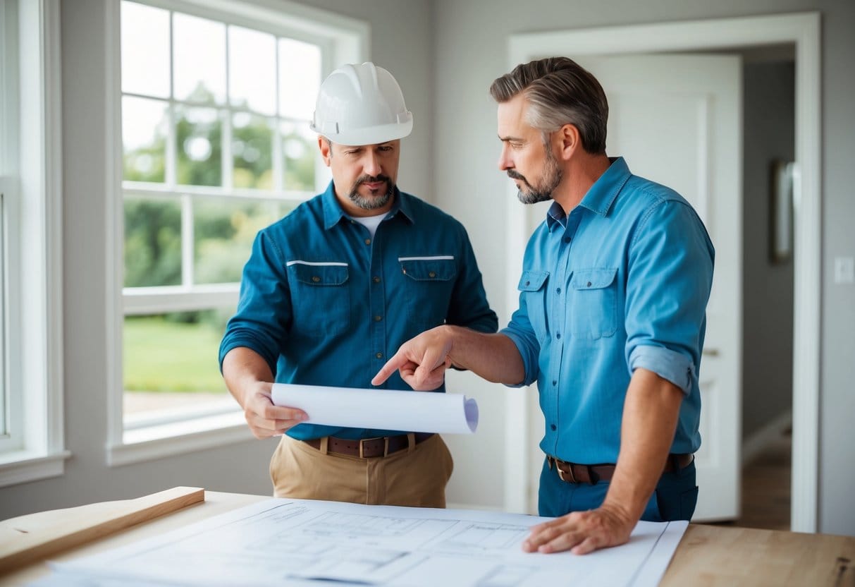 A husejer mødes med en dygtig tømrer diskuterer planer og peger på en blåtryk